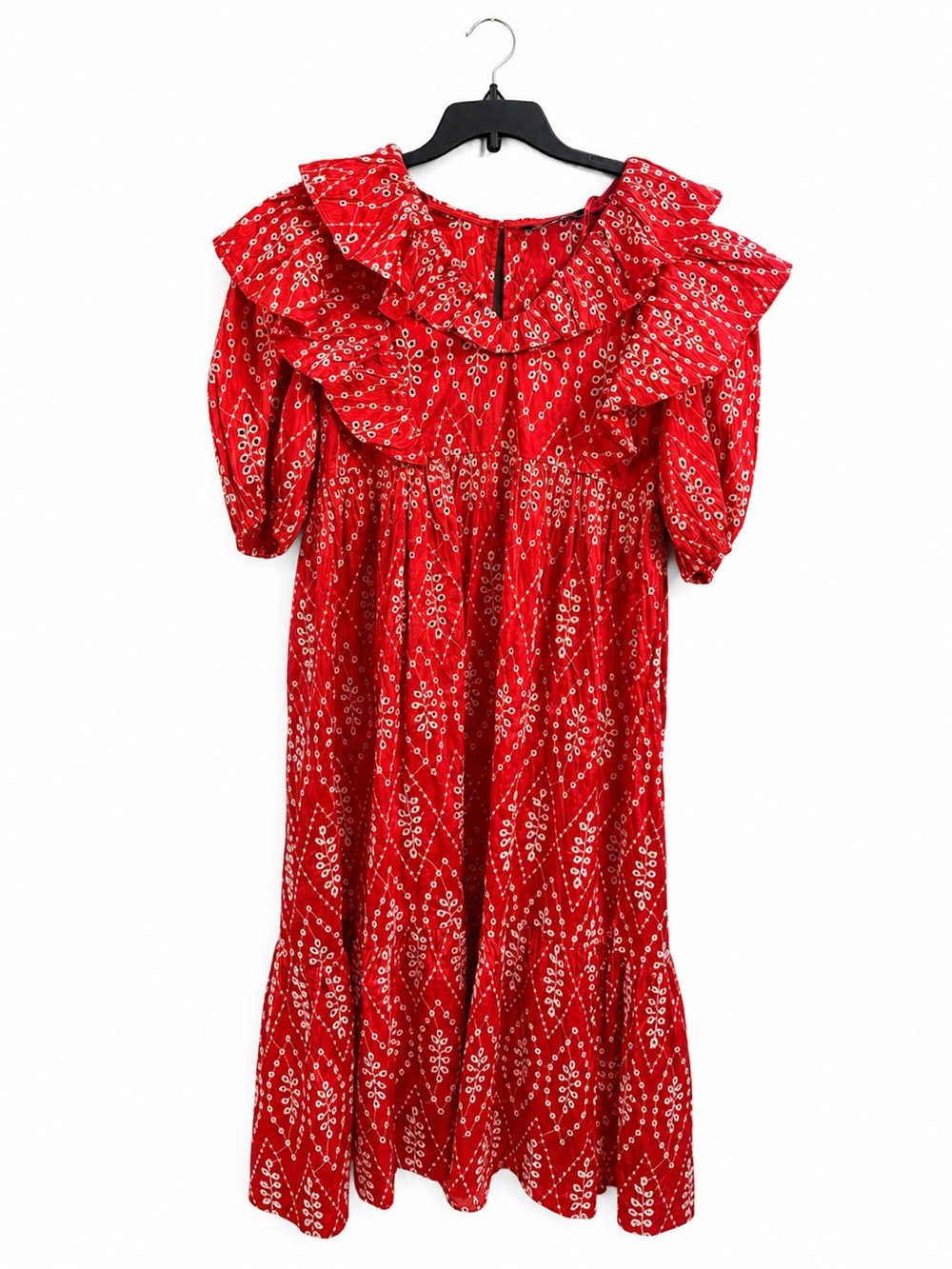 Zara Red White Eyelet Embroidered Ruffle Puff Sleeve Midi Dress Large Boho